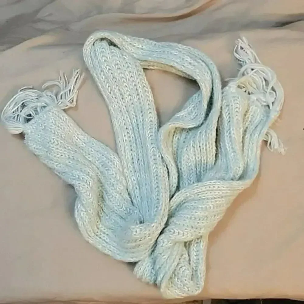 Knitted Light Green and White Scarf with Tassles at Each End